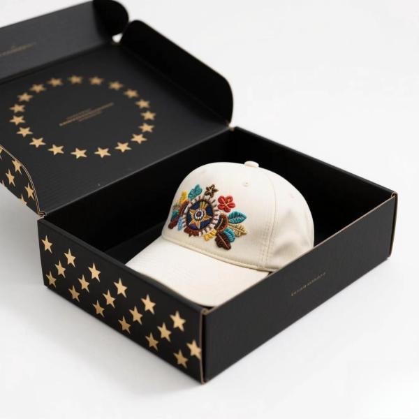 Custom Logo Print Black Corrugated Cardboard Paper Mailer Shipping Baseball Cap Gift Box Packaging