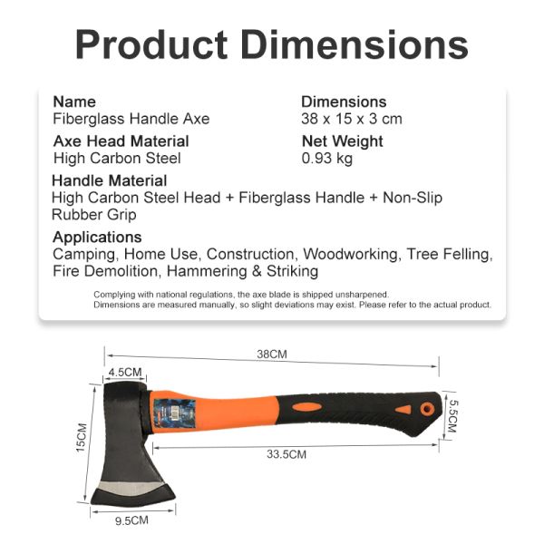 38*15*3cm Fiber Handle Fire Axe 0.93kg High Carbon Steel Anti-Slip Rubber Emergency Rescue Hand Axe for Fire Safety Escape