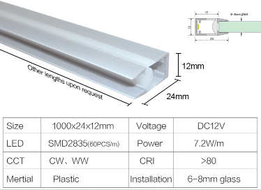 Superficie montada luz de clip de vidrio LED 1000*24*12mm DC12V 7.2W/m SMD2835 60PCS/M Ahorro de energía