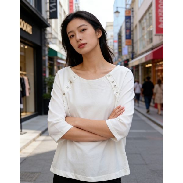 Modern Minimalist White Blouse with Shoulder Button Accents - 3/4 Sleeve for Office & Everyday
