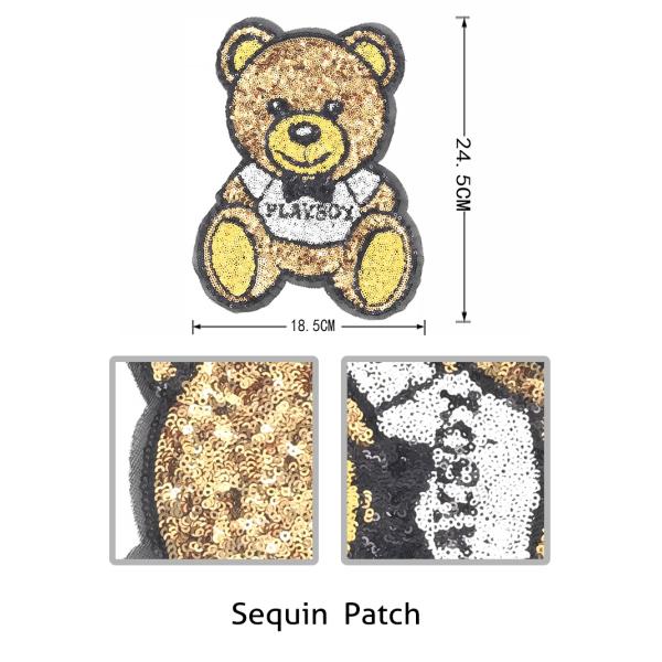 Gold Cute Bear Cartoon Character Patches , Sequin Cartoon Patches For Clothes