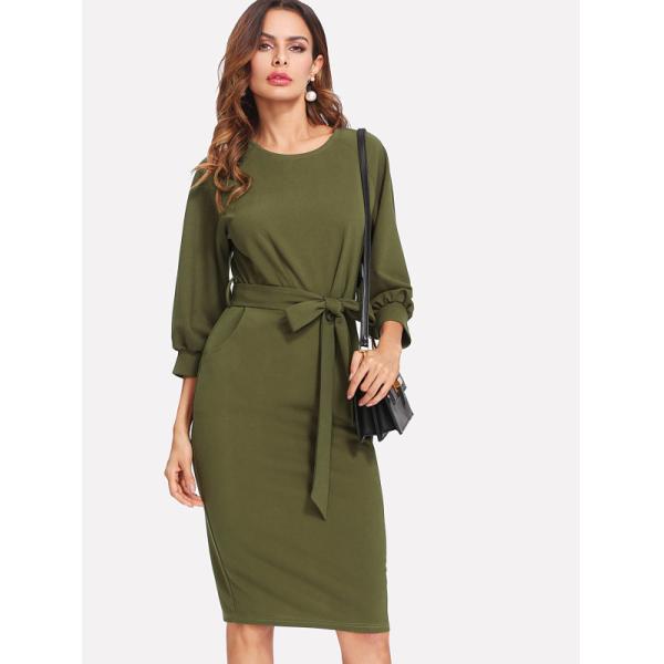 Women Pencil Work Dress Spandex Polyester Anti Wrinkle Breathable Round Neck Three Quarter Sleeve Office