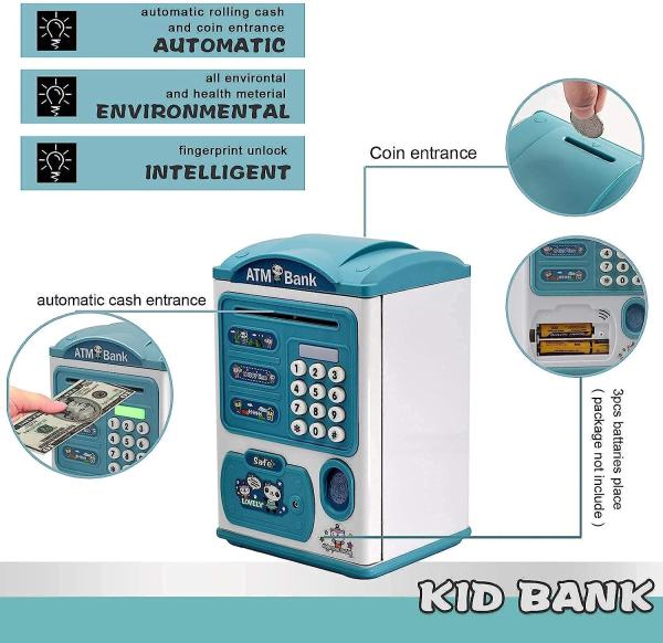 kids educational financial customs atm password piggy bank blue color mini electronic safe