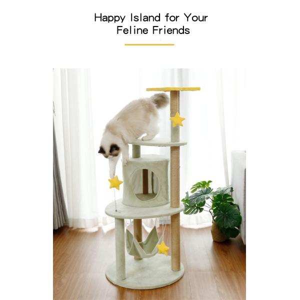 Yellow Stars and Sisal Post Plush Cat Climbing Frame in Light Green for All-Season Tree