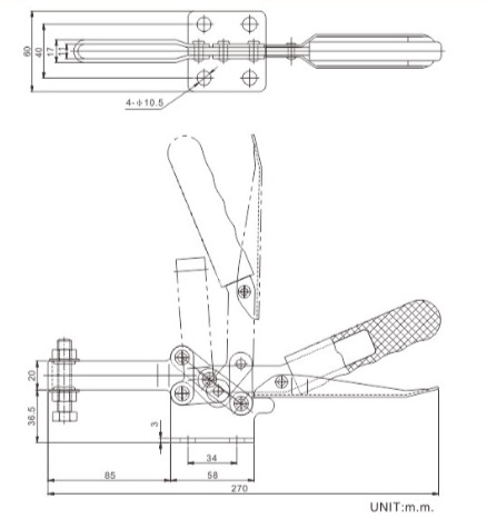 21385 Horizontal Handle Toggle Clamp 300kgs Clamping Force Plastic Handle