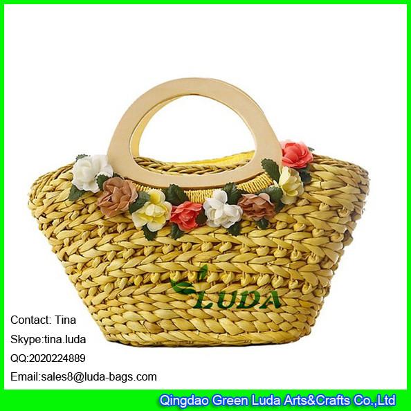 LUDA flower decoration corn husk straw bag lady straw handbag with wooden handle