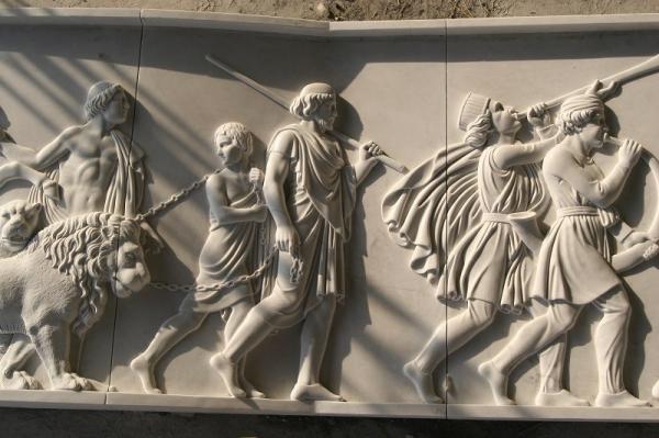 White marble relief carved by hand/ War horse stone relief