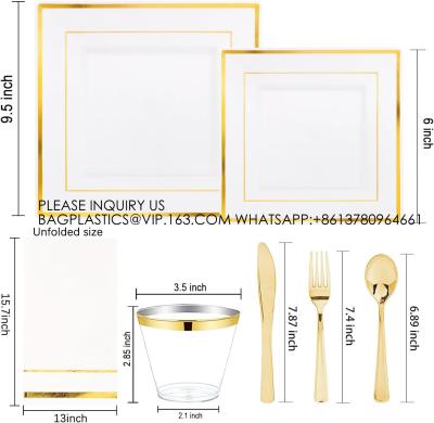 Gold Plastic Plates - Disposable Square Gold Plates Include Dinner Plates Dessert Plates Cups Plastic Cutlery