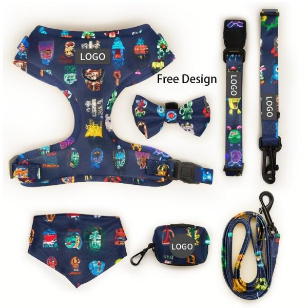 Custom Designers Dogs Logo Luxury Soft Padded Reversible Dog Harness Vest and Collar Leash Bow Bandana Pet Harness Sets