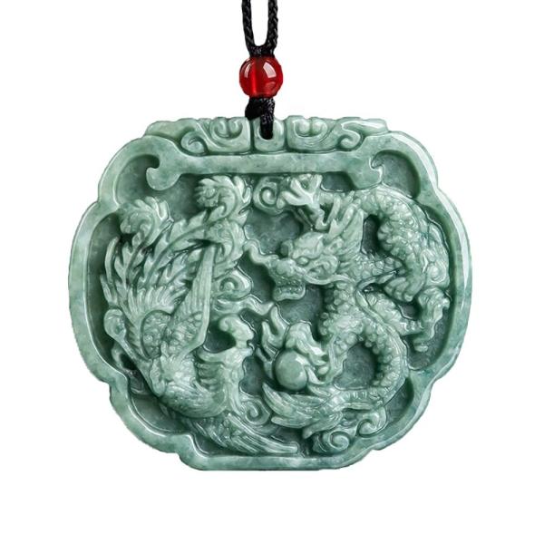 Love Theme Natural Jadeite Necklace Pendant in Feng Shui Style with Auspicious Dragon and Phoenix