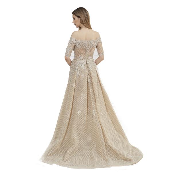 Boat Neck See Through Prom Party Dress / Big Net Ladies Evening Ball Gown Dresses