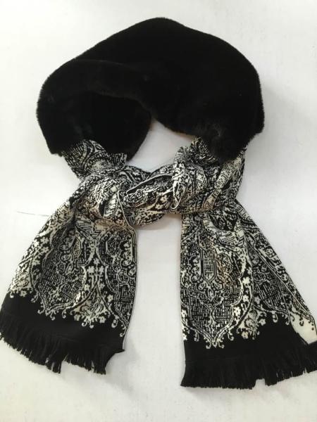 Animal 100 Wool Blanket Scarf , Jacquard Long Chunky Scarf With Middle Faux Fur