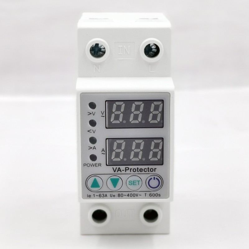 Single Din Rail 63A 40A Dual LED Display Voltage Protector Adjustable Over Under Voltage Protective Relay for Single Phase