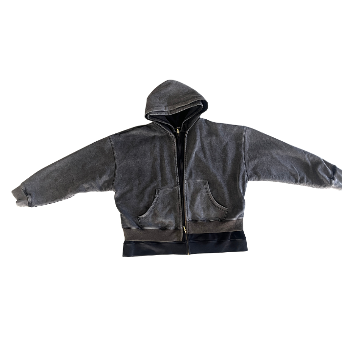 A530 Chiying Vintage Acid Wash Double Layer Zip Up Hoodie Men Oversized Cursive Back Print Streetwear Jacket