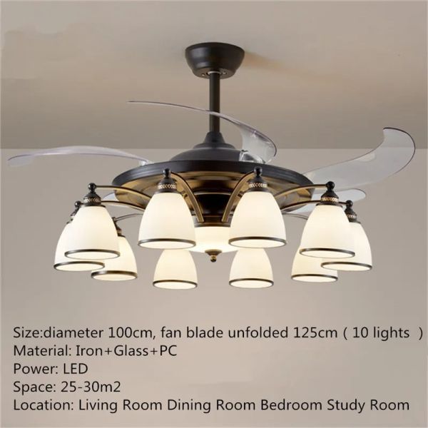 Luxury Ceiling Fan Light Remote LED Electric Fan Light with glass lampshade metal Stealth Fan Light (WH-VLL-28)