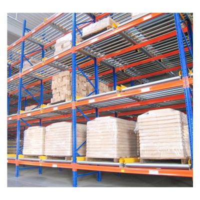 Repositório de fluxo de paletes para armazenagem FIFO de 300-1500 kg/paleta em azul/laranja/amarelo/cinzento