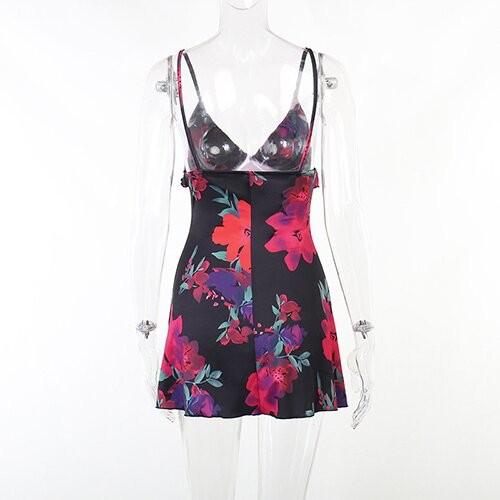 OEM maufactory European and American  polyrster sleeveless short skirt sexy V -neck rose printed ruffled camisole dress