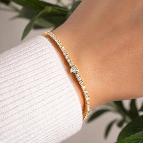 925 Sterling Silver 14K Gold Plated Heart Tennis Bracelet with Zircon