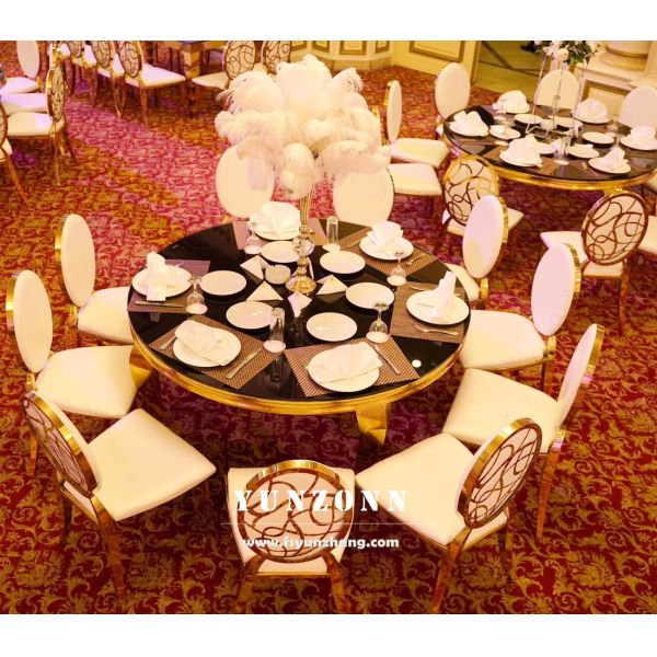 Luxury Modern Stainless Steel Dining Table with Glass Top for Outdoor Wedding Hotel Party Banquet Round Design