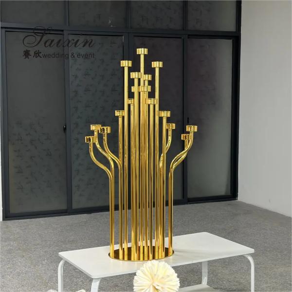 Suministros de decoración de bodas de lujo Oro 17 brazos Candelabro portavelas Cristal alto Candelabro centros de piezas
