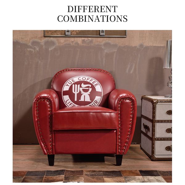 Nidea #8956-1 American Retro Handmade Armchair Sofa with Genuine Leather Seat Antique High Back Design for Living Room Bedroom Hotel Cafe Bar