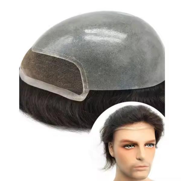 Mens Toupee French Lace Front Hairpieces Poly Skin PU HumanHair Systems for Men