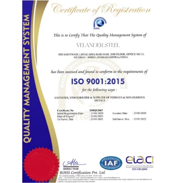 Velander Steel Co., Limited Сертификации