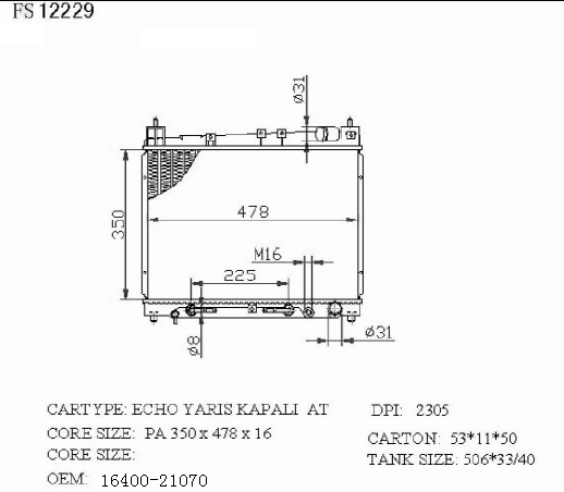 16AT ECHO YARIS Auto Parts RadiatorToyota Silver Core Color 16400-21070