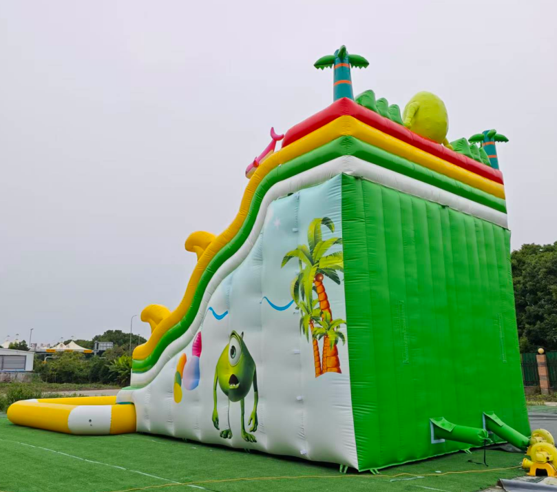 Cartoon Monster University Themed Inflatable Water Slide, Outdoor Tropical Palm Tree Inflatable Waterslide With Splash Pool For Kids Event Business