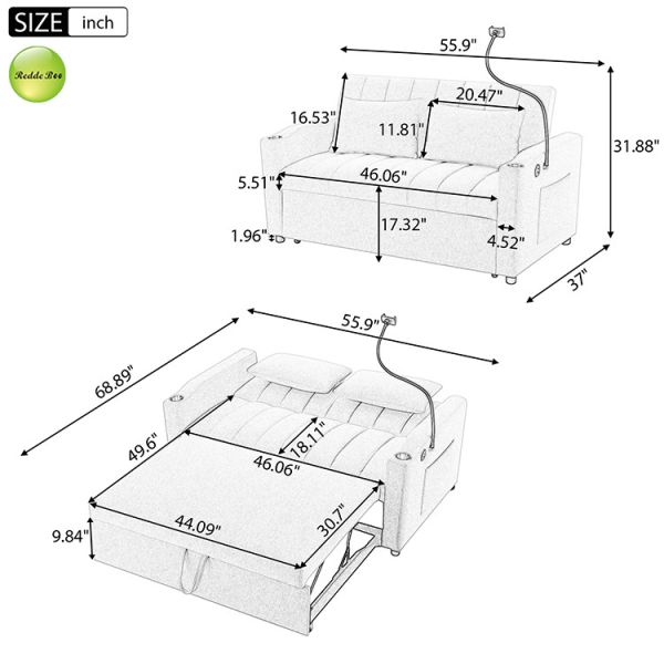 Modern Fabric Pull Out Sofa Bed with USB Charging Port & Cup Holder Saving-Sapce 2 Seater Sofa Convertible Sleeping Folding Sofa Bed