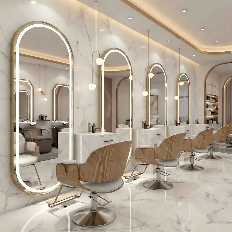 Kingstin Luxury Gold Arch LED Salon Mirror Full Length Barber Shop Mirror Smart Touch Dimming for Hairdressing