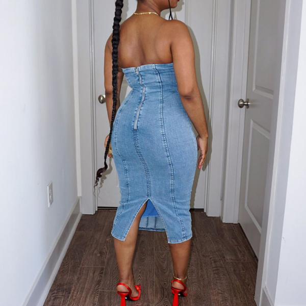 Горячие вечерние платья для женщин Французский пластырь Синий Тенцель Тонкий Джинс стиль