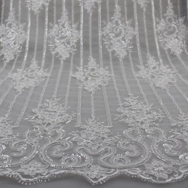 Floral Corded Embroidered Sequin Lace Fabric For Bridal Gowns Dresses