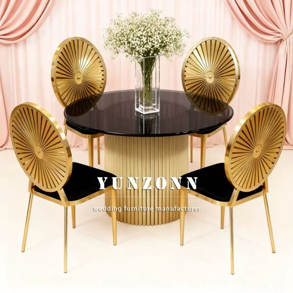 Wedding Furniture Gold Stainless Steel Frame Tempered Mirror Glass Top Dining Table