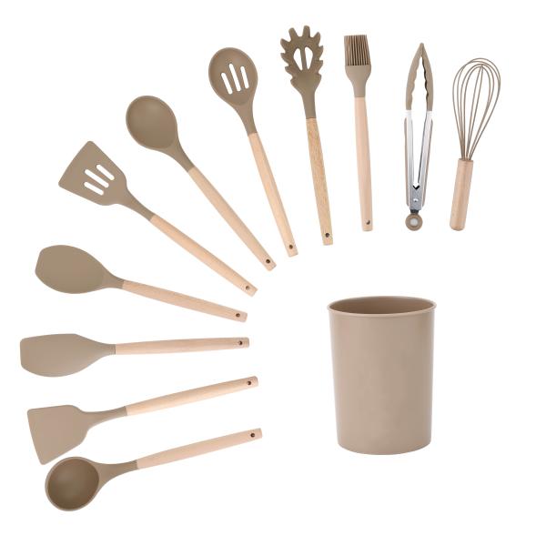 11Pcs Wooden Handle Silicone Kitchen Tools Set for 210 Degree High Temperature Cooking