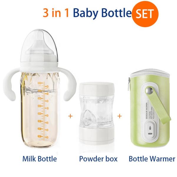 8oz/240ml 3 In 1 thermostat glass milk breast feeding bottle With Formula Dispenser Night Feeding Baby Bottle