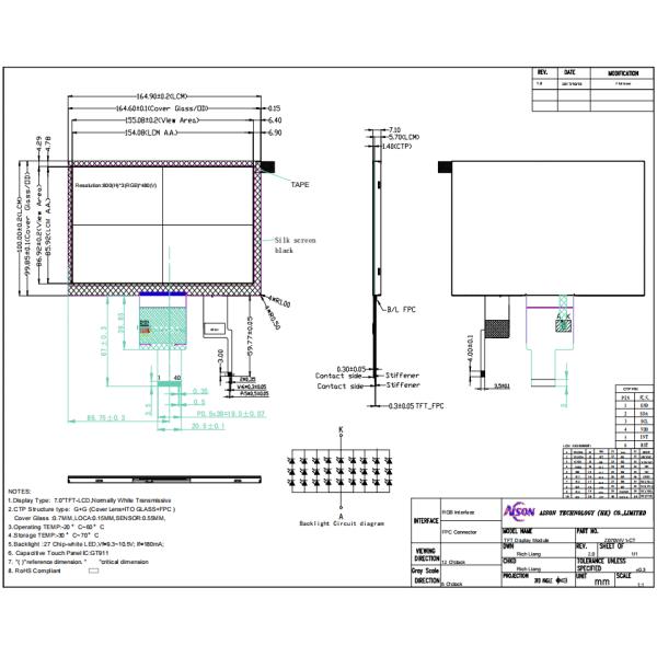 7 Inch 800x480 TFT Display Module RGB 40 Pin Capacitive TFT Touch Screen