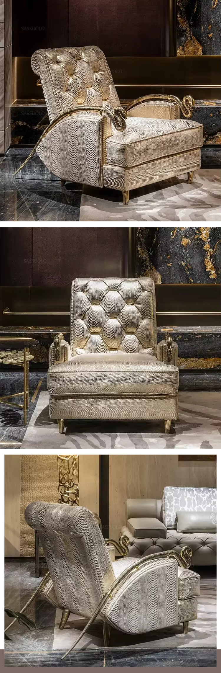 Professional Factory Italy Snake Leather Light Luxury Golden Snake Armrest Solid Wood Frame Single Relaxing Seat Sofa Chair