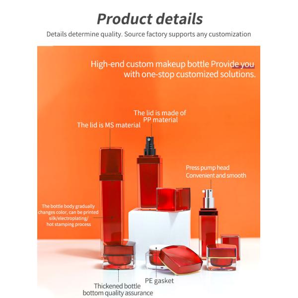 Customized Plastic Cosmetic Bottles Square Acrylic Cosmetic Packaging Bottle Red For Eye Cream