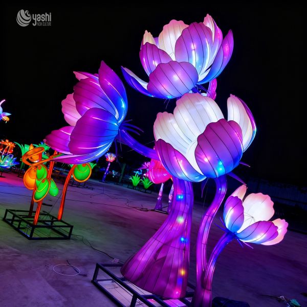 Custom Triple‑Bloom Giant Lotus Tree LED Lantern, Color‑Gradient Floral Light Sculpture for Park Light Festival