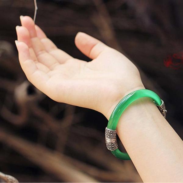 Women Vintage Jewelry Sterling Silver Zirconia Bangle Bracelet (015741GREEN)