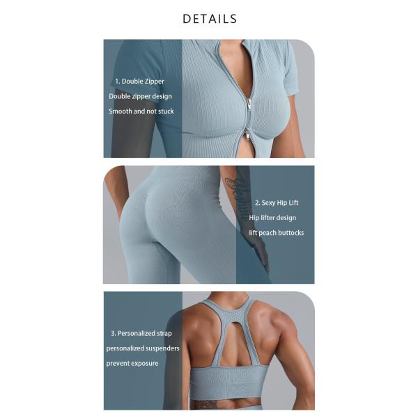 Ribbed Zipper Women Gym Set 6 Piece Seamless Activewear Plain Dyed