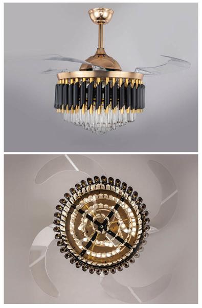 Modern Black LED Chandelier Fan Light Retractable Remote Control Ceiling Lamp With Fan
