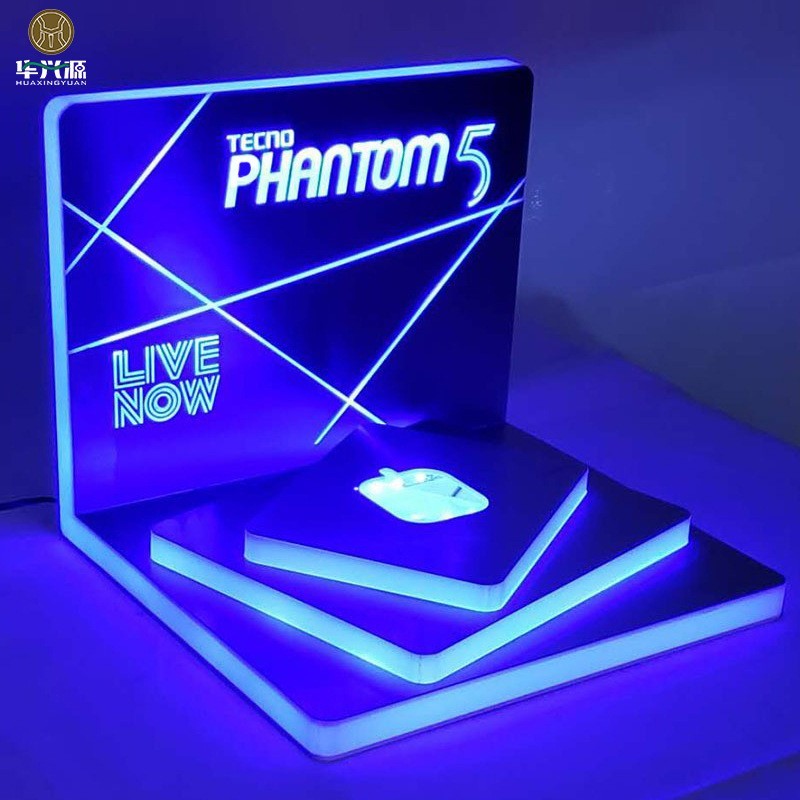 Illuminated Acrylic Phone Display Stand, LED Lighted Digital Product Counter Display Rack for Brand Stores, Smartphone Demo Booth with Holographic Effect