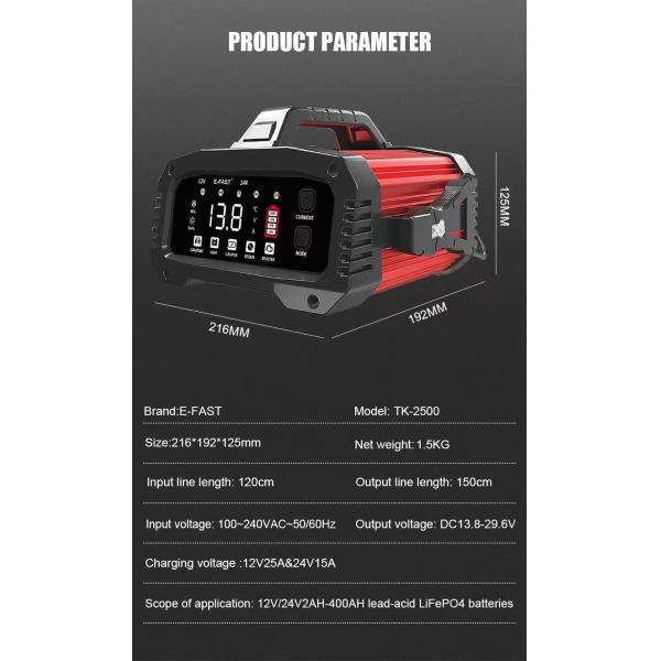 -Chic Design Foxsur 12V 24V 25A Smart Battery Charger for Car Truck Plug Convenient Repair