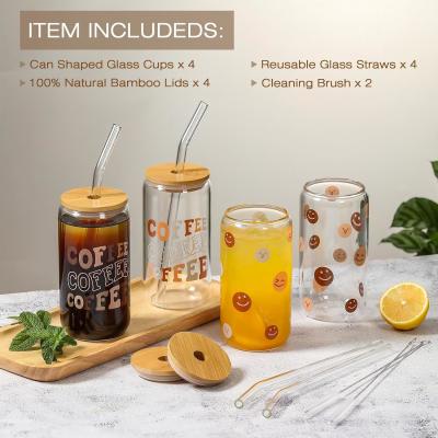 16 Oz Beer Can Drinking Glasses With Bamboo Lids 4pcs Set