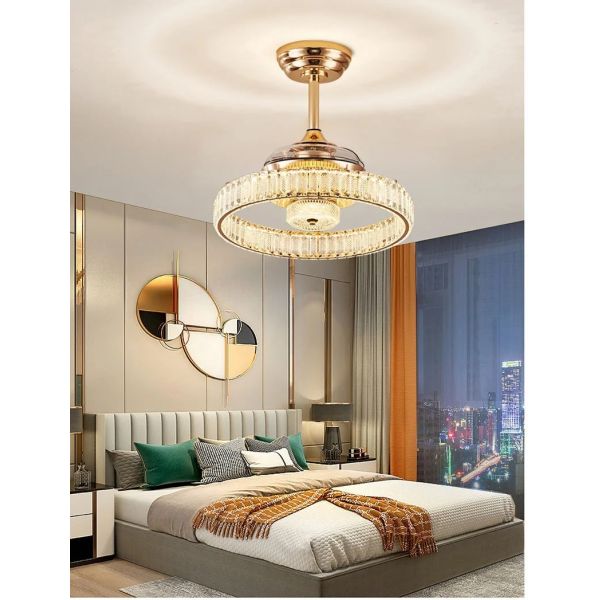 Retractable Blade Modern Folding Fan Light Remote Control Chandelier LED Invisible Ceiling Fan Crystal Light (WH-VLL-29)