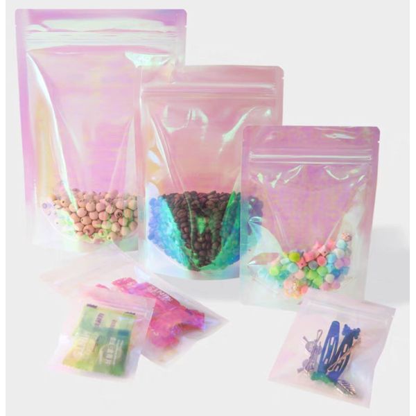 Custom Rainbow Holographic Resealable Paper Pouches Ziplock Bag