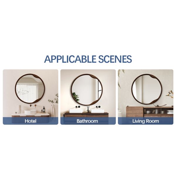 Wall Mounted Asymmetrical Walnut Wood Framed Bathroom Mirror For Hotel