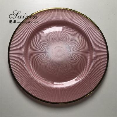 Placas de carregador de vidro Casamento Luxo Borda dourada Faixa rosa Arredondada